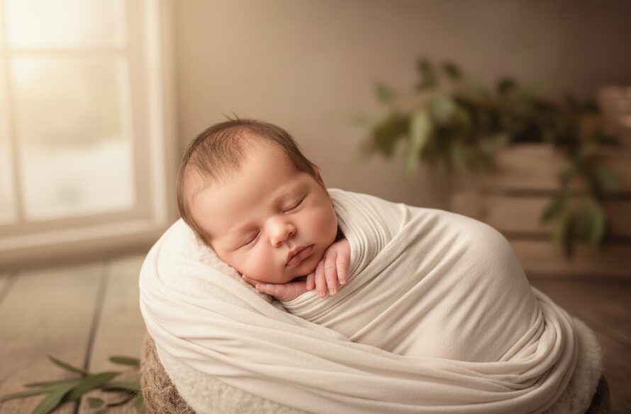 A serene, heartwarming Wodonga newborn photography unique heirloom portraits style image featuring a sleeping baby wrapped in a soft blanket, cradled in a natural wooden bowl amidst ethereal light, captured in a rustic Wodonga studio setting.