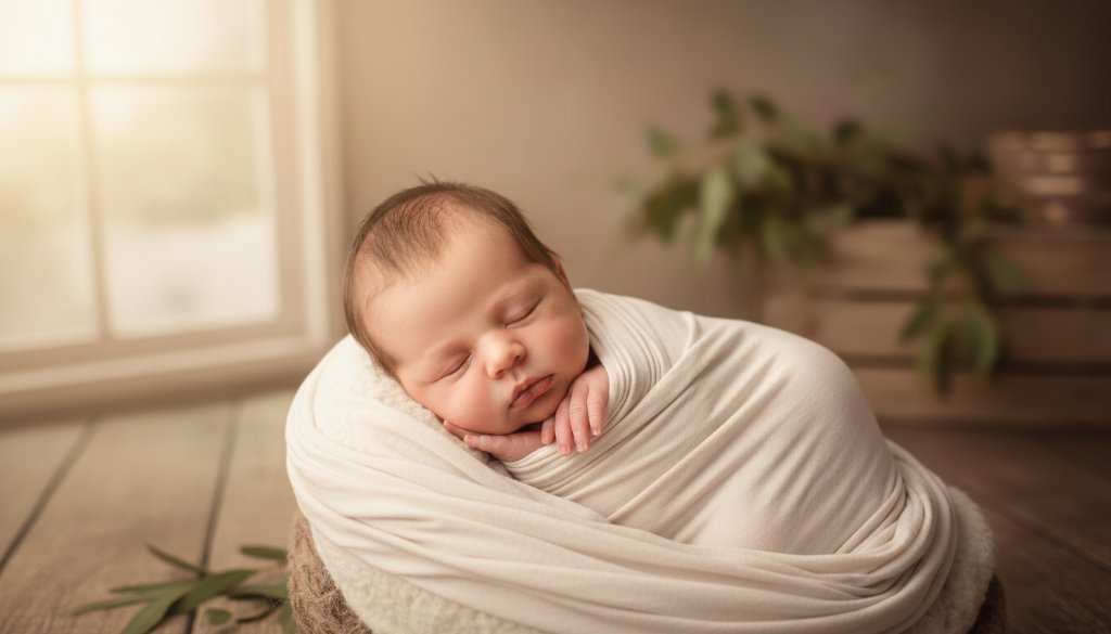 A serene, heartwarming Wodonga newborn photography unique heirloom portraits style image featuring a sleeping baby wrapped in a soft blanket, cradled in a natural wooden bowl amidst ethereal light, captured in a rustic Wodonga studio setting.