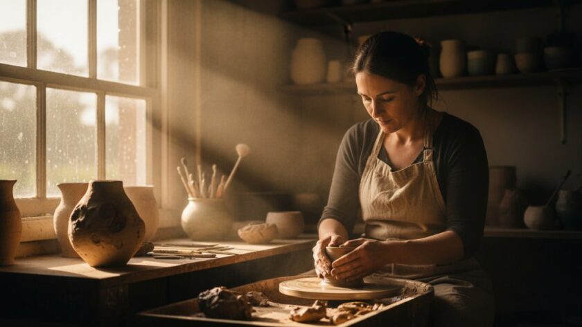 Dramatic wide shot showcasing a Heathcote commercial photography branding visuals project, featuring a local artisan passionately crafting a unique piece in their sun-drenched workshop, with their finished products artfully arranged in the foreground, bathed in golden hour light, reflecting the authentic spirit of Heathcote.