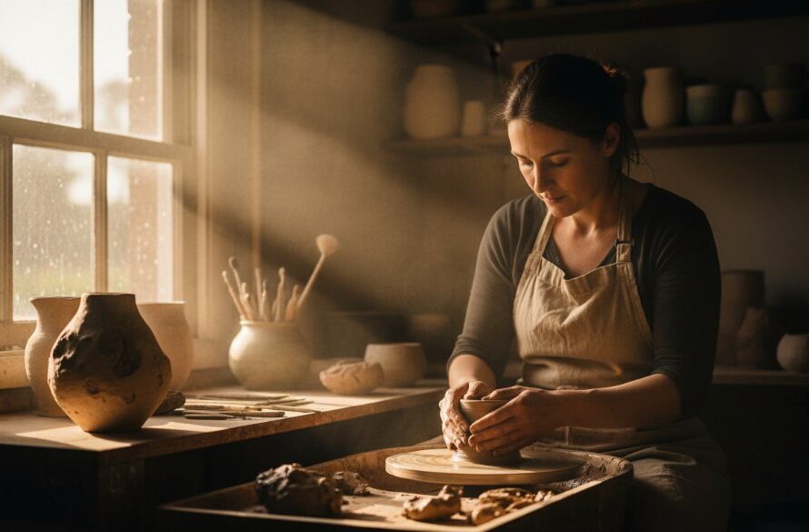 Dramatic wide shot showcasing a Heathcote commercial photography branding visuals project, featuring a local artisan passionately crafting a unique piece in their sun-drenched workshop, with their finished products artfully arranged in the foreground, bathed in golden hour light, reflecting the authentic spirit of Heathcote.