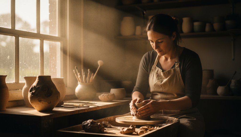 Dramatic wide shot showcasing a Heathcote commercial photography branding visuals project, featuring a local artisan passionately crafting a unique piece in their sun-drenched workshop, with their finished products artfully arranged in the foreground, bathed in golden hour light, reflecting the authentic spirit of Heathcote.