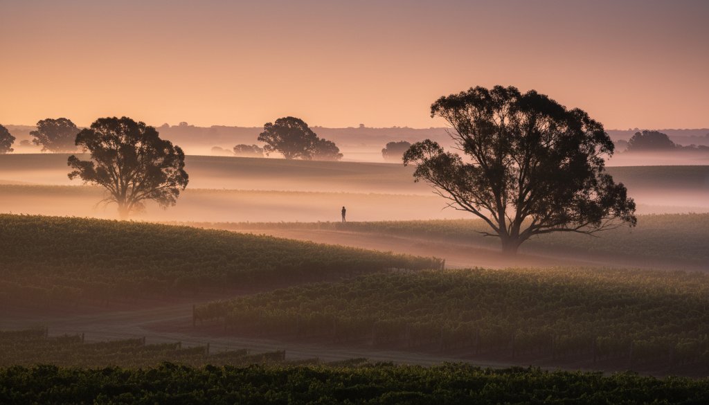 Dramatic sunrise over a Heathcote vineyard, showcasing the ethereal light and rich textures, ideal for Heathcote Fine Art Landscape Photography Victoria.
