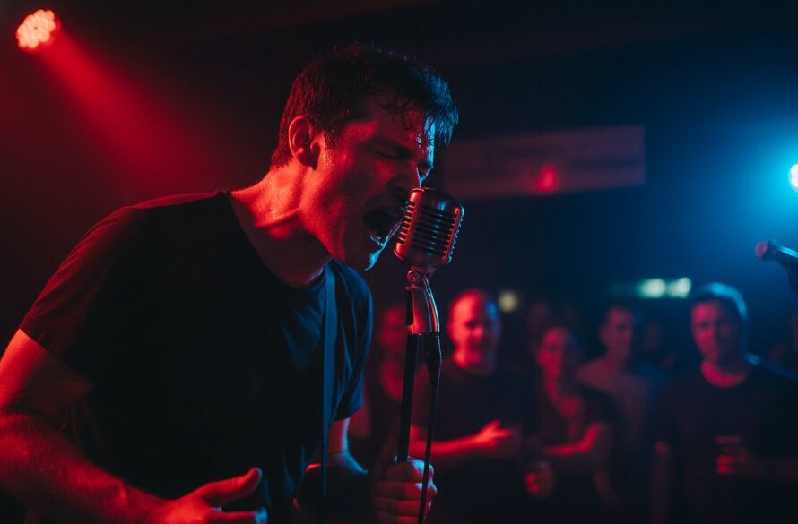 A close-up, dramatic shot showcasing a guitarist shredding on stage under dynamic red and blue stage lights at a vibrant Heathcote live music event, epitomising Heathcote live music photography capturing authentic moments.