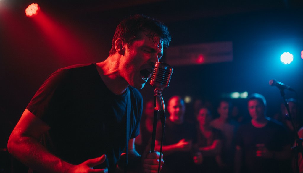 A close-up, dramatic shot showcasing a guitarist shredding on stage under dynamic red and blue stage lights at a vibrant Heathcote live music event, epitomising Heathcote live music photography capturing authentic moments.
