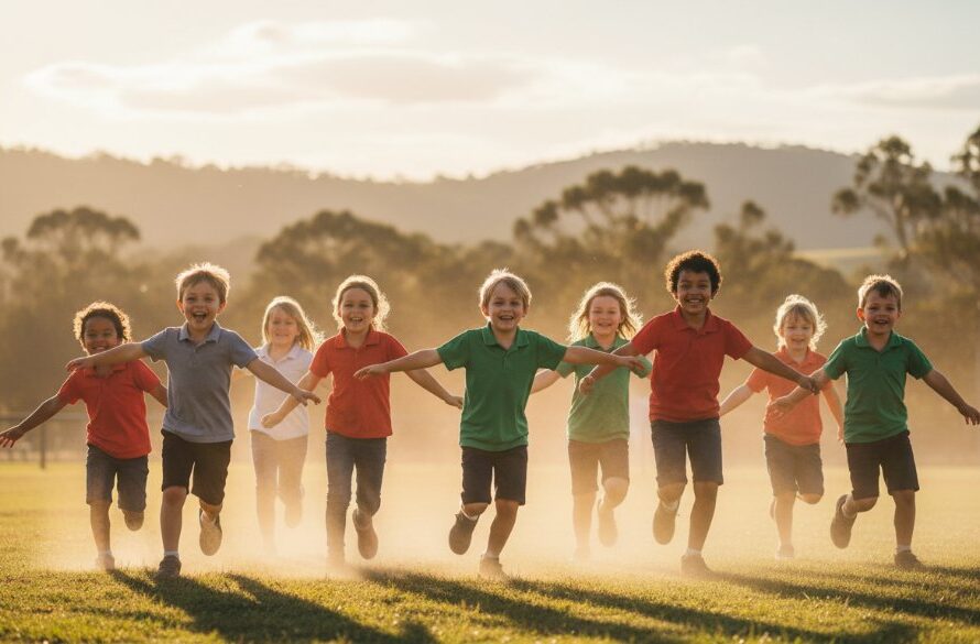A wide-angle, candid shot of a group of primary school children in Heathcote, Victoria, engaged in a joyful outdoor activity, perhaps a sports day or a science experiment, under the warm afternoon sun, with a teacher smiling in the background. This image exemplifies Heathcote school photography capturing genuine student joy and the vibrant spirit of learning.