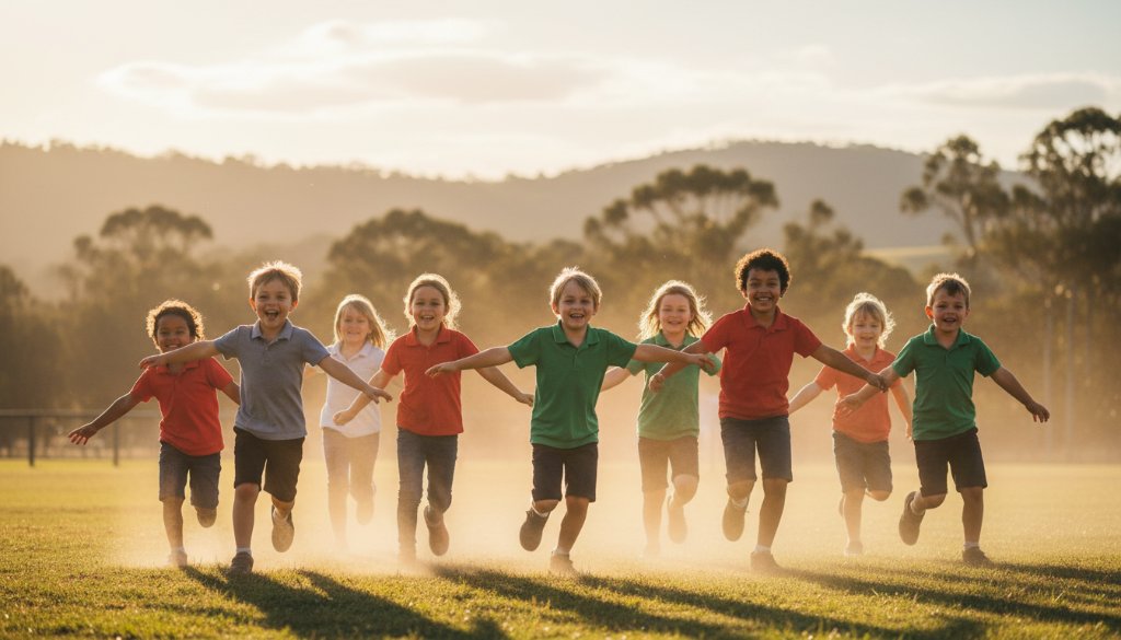 A wide-angle, candid shot of a group of primary school children in Heathcote, Victoria, engaged in a joyful outdoor activity, perhaps a sports day or a science experiment, under the warm afternoon sun, with a teacher smiling in the background. This image exemplifies Heathcote school photography capturing genuine student joy and the vibrant spirit of learning.
