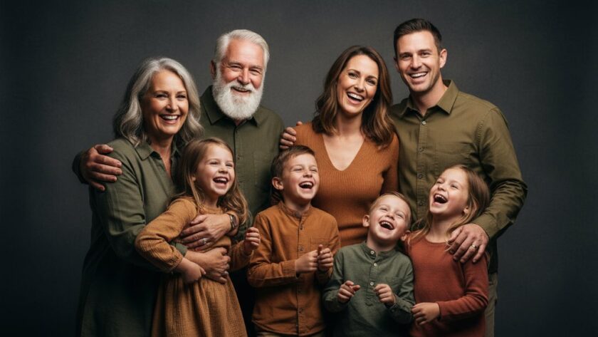 An epic, dramatic wide shot of a multi-generational Heathcote family laughing joyfully in a professional studio, bathed in warm, cinematic lighting, symbolizing cherished Heathcote studio photography for stunning family heirlooms, captured by Image by SD.