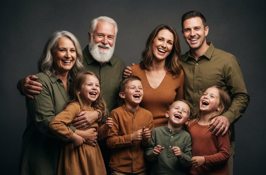 An epic, dramatic wide shot of a multi-generational Heathcote family laughing joyfully in a professional studio, bathed in warm, cinematic lighting, symbolizing cherished Heathcote studio photography for stunning family heirlooms, captured by Image by SD.