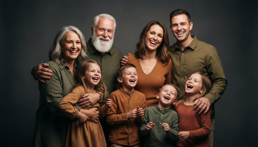 An epic, dramatic wide shot of a multi-generational Heathcote family laughing joyfully in a professional studio, bathed in warm, cinematic lighting, symbolizing cherished Heathcote studio photography for stunning family heirlooms, captured by Image by SD.