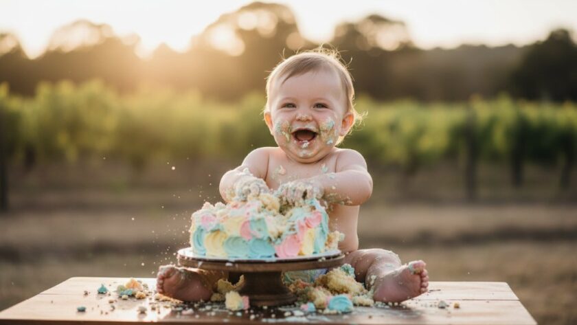 An adorable baby, covered in cake, joyfully smashes a colourful birthday cake in a sunlit Heathcote VIC first birthday cake smash photography session, capturing a priceless, messy moment.