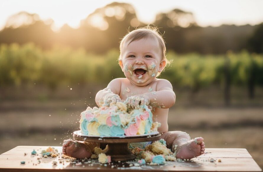 An adorable baby, covered in cake, joyfully smashes a colourful birthday cake in a sunlit Heathcote VIC first birthday cake smash photography session, capturing a priceless, messy moment.