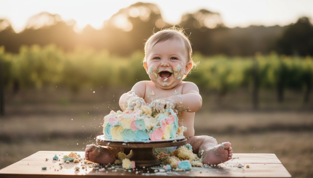 An adorable baby, covered in cake, joyfully smashes a colourful birthday cake in a sunlit Heathcote VIC first birthday cake smash photography session, capturing a priceless, messy moment.