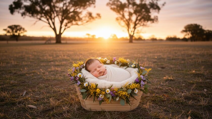 A heartwarming, professional wide-angle photograph capturing Heathcote Victoria baby photography authentic family moments, showing a joyful baby swaddled in a rustic basket amidst wildflowers, with soft, golden hour light filtering through eucalyptus trees in the background, a parent's gentle hand nearby.