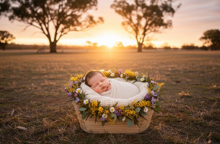 A heartwarming, professional wide-angle photograph capturing Heathcote Victoria baby photography authentic family moments, showing a joyful baby swaddled in a rustic basket amidst wildflowers, with soft, golden hour light filtering through eucalyptus trees in the background, a parent's gentle hand nearby.