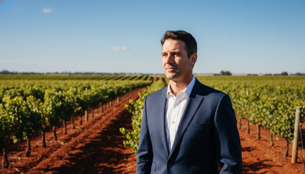 Dramatic and inspiring corporate headshot capturing a successful professional woman smiling confidently in Heathcote Victoria, showcasing Heathcote Victoria corporate headshots that stand out, with soft, golden hour lighting filtering through old gum trees in the background, exuding an epic moment of achievement and expertise.