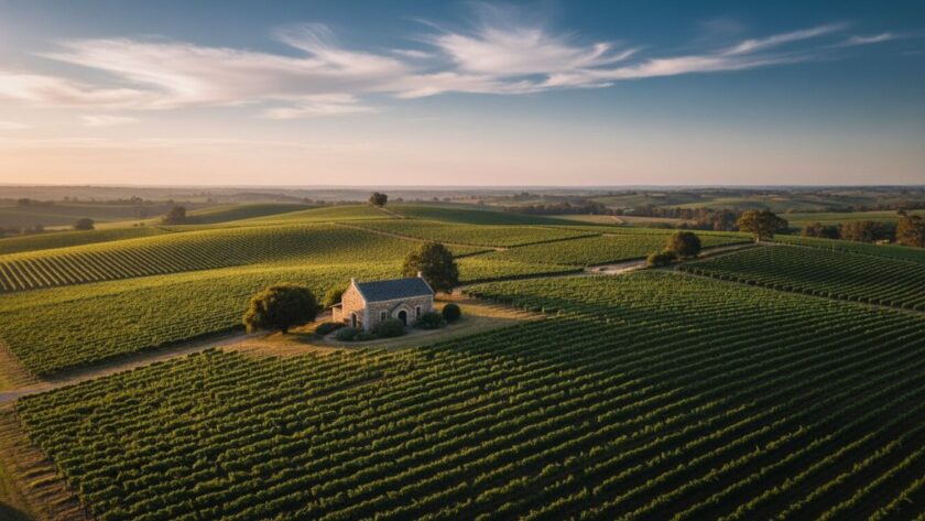 An epic drone photograph capturing Heathcote Victoria drone photography winery landscapes at sunrise, with golden light illuminating rolling vineyards and a historic bluestone cellar door, evoking a sense of timeless beauty and grandeur.