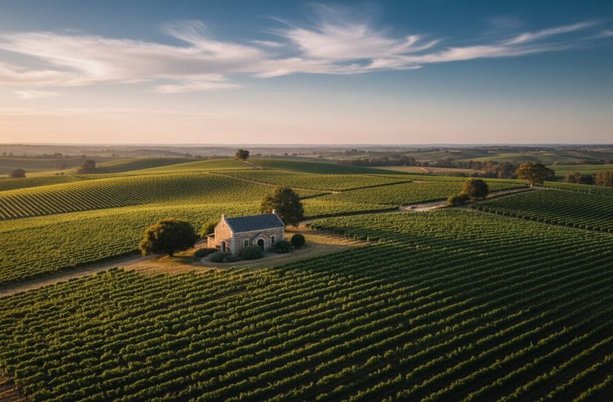 An epic drone photograph capturing Heathcote Victoria drone photography winery landscapes at sunrise, with golden light illuminating rolling vineyards and a historic bluestone cellar door, evoking a sense of timeless beauty and grandeur.