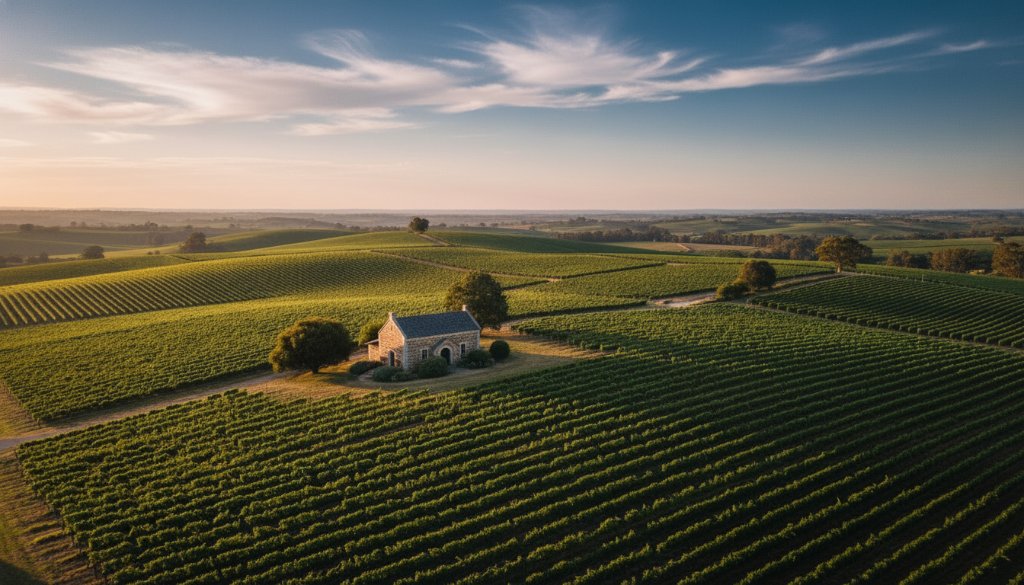 An epic drone photograph capturing Heathcote Victoria drone photography winery landscapes at sunrise, with golden light illuminating rolling vineyards and a historic bluestone cellar door, evoking a sense of timeless beauty and grandeur.