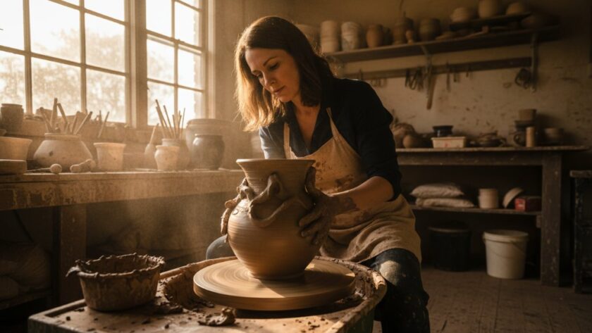 Capturing an epic moment: a Heathcote artisan's hands expertly shaping clay in a rustic sunlit studio, showcasing their craft for Heathcote Victoria editorial photography artisan storytelling.