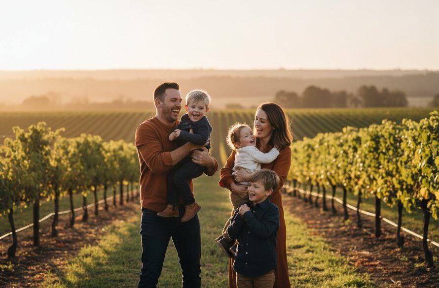An epic, emotionally resonant photograph by a Heathcote Victoria family photographer capturing authentic joy, featuring a family laughing heartily in a golden hour vineyard setting, Heathcote hills in the background, professional cinematic lighting.