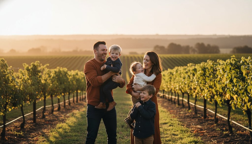 An epic, emotionally resonant photograph by a Heathcote Victoria family photographer capturing authentic joy, featuring a family laughing heartily in a golden hour vineyard setting, Heathcote hills in the background, professional cinematic lighting.