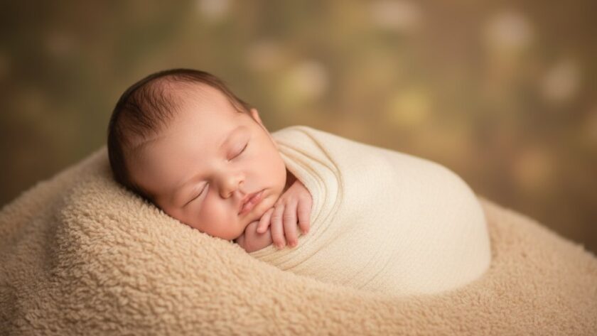 A serene close-up photograph capturing a Heathcote Victoria newborn photographer precious memories moment: a sleeping baby swaddled in soft, natural fabric, bathed in gentle morning light, with a hint of Heathcote's rustic landscape blurred in the background, conveying warmth and new life.