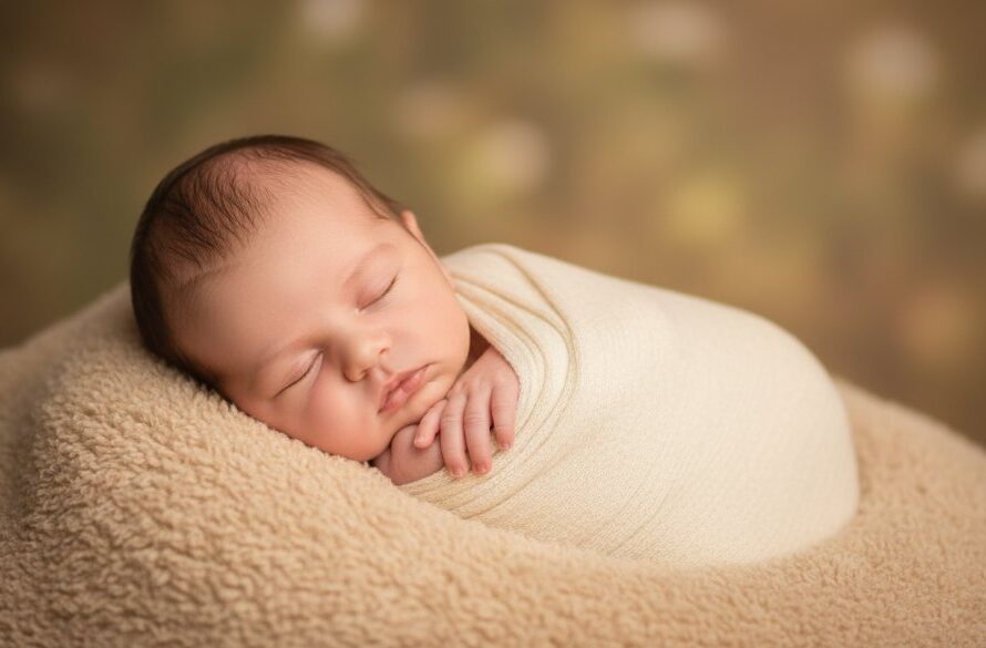 A serene close-up photograph capturing a Heathcote Victoria newborn photographer precious memories moment: a sleeping baby swaddled in soft, natural fabric, bathed in gentle morning light, with a hint of Heathcote's rustic landscape blurred in the background, conveying warmth and new life.