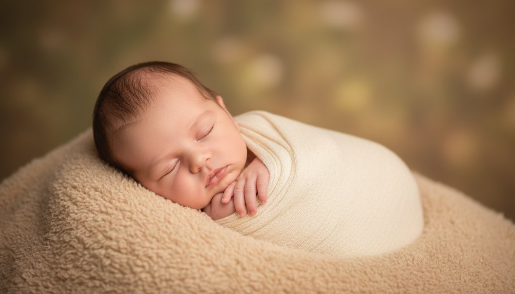 A serene close-up photograph capturing a Heathcote Victoria newborn photographer precious memories moment: a sleeping baby swaddled in soft, natural fabric, bathed in gentle morning light, with a hint of Heathcote's rustic landscape blurred in the background, conveying warmth and new life.