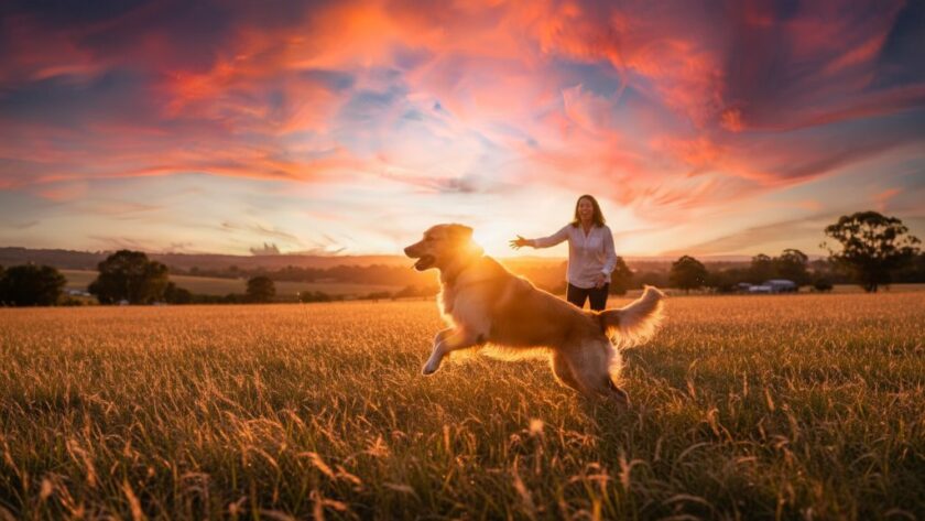 A golden retriever joyfully leaping through a field of golden native grasses at sunset near Heathcote, Victoria, with its owner laughing in the background, embodying Heathcote Victoria pet photography capturing joyful moments.