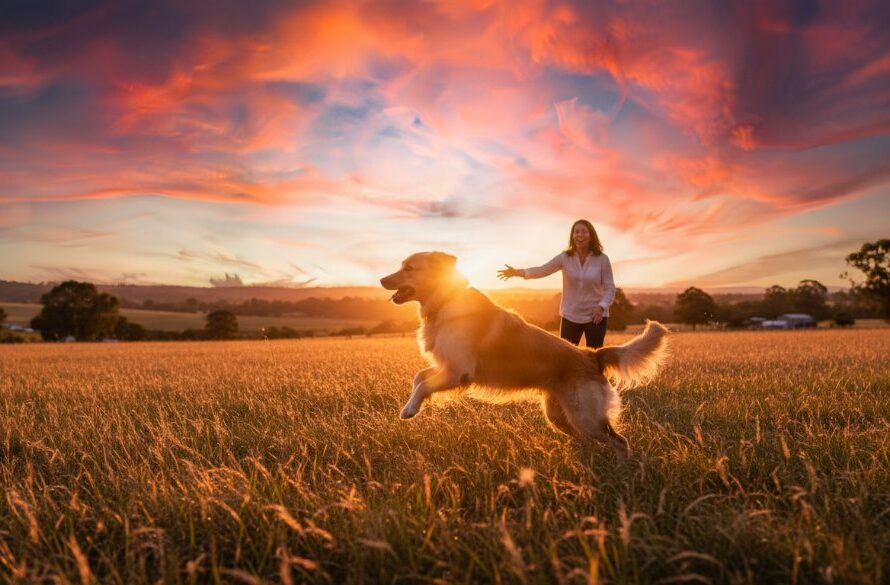 A golden retriever joyfully leaping through a field of golden native grasses at sunset near Heathcote, Victoria, with its owner laughing in the background, embodying Heathcote Victoria pet photography capturing joyful moments.