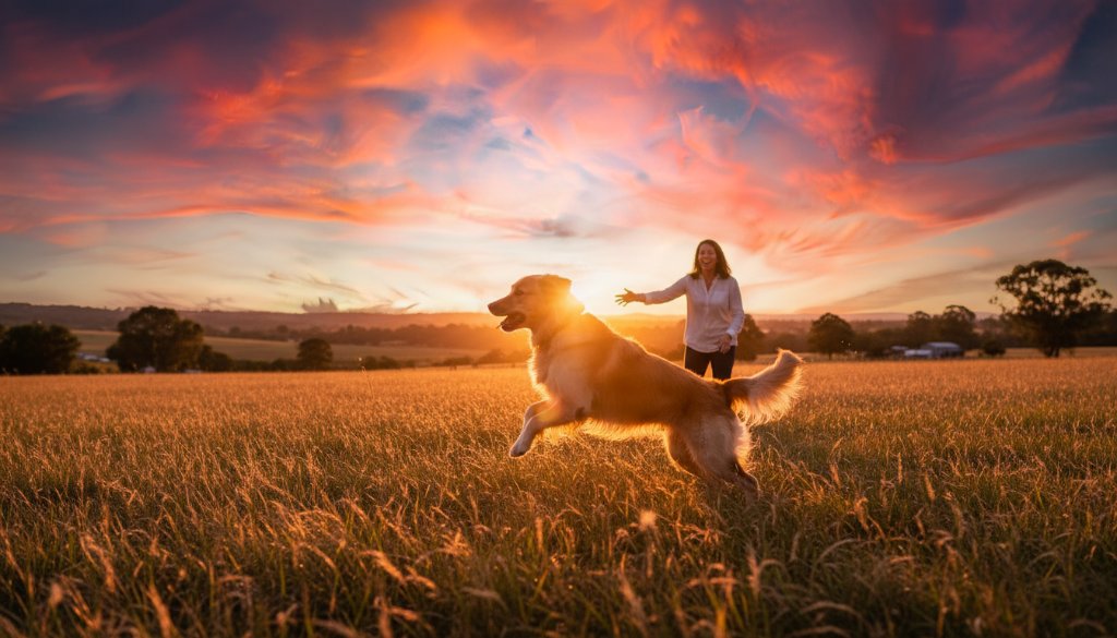 A golden retriever joyfully leaping through a field of golden native grasses at sunset near Heathcote, Victoria, with its owner laughing in the background, embodying Heathcote Victoria pet photography capturing joyful moments.