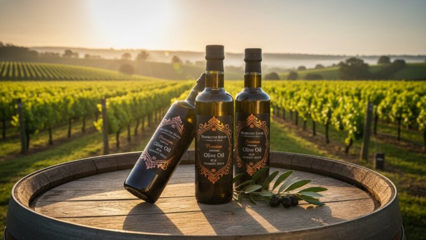 Dramatic close-up of beautifully styled artisan olive oil bottles from Heathcote, illuminated by a warm, golden sunset light filtering through vineyard leaves, capturing the essence of Heathcote Victoria Product Photography for Artisan Brands.
