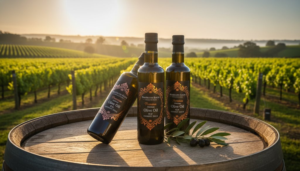 Dramatic close-up of beautifully styled artisan olive oil bottles from Heathcote, illuminated by a warm, golden sunset light filtering through vineyard leaves, capturing the essence of Heathcote Victoria Product Photography for Artisan Brands.