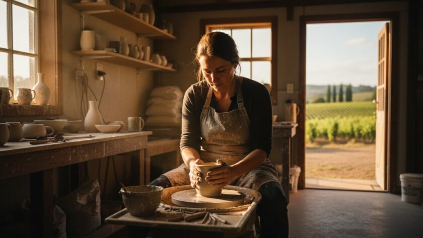Dynamic wide shot capturing Heathcote Victoria small business branding photography, showing a local artisan passionately crafting pottery in a sunlit Heathcote studio, framed by rolling vineyards in the background, with dramatic natural light highlighting their focused expression and the texture of their work, conveying authenticity and craftsmanship.