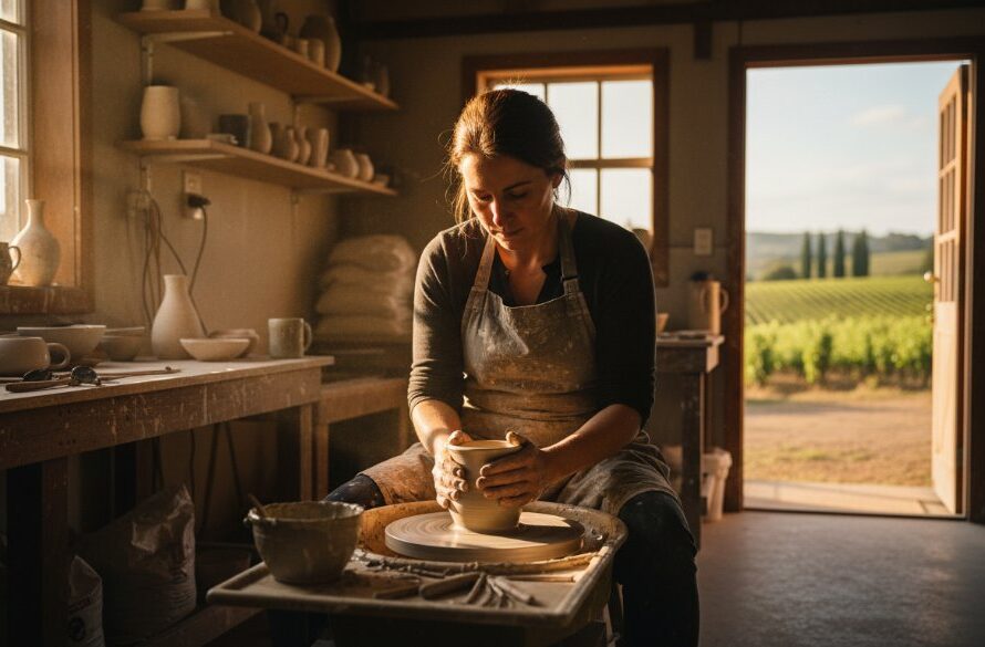 Dynamic wide shot capturing Heathcote Victoria small business branding photography, showing a local artisan passionately crafting pottery in a sunlit Heathcote studio, framed by rolling vineyards in the background, with dramatic natural light highlighting their focused expression and the texture of their work, conveying authenticity and craftsmanship.