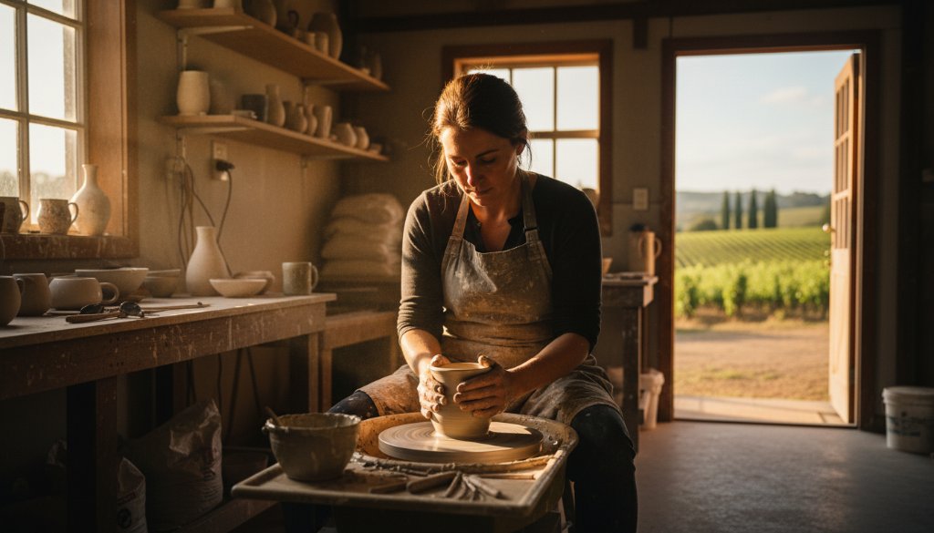 Dynamic wide shot capturing Heathcote Victoria small business branding photography, showing a local artisan passionately crafting pottery in a sunlit Heathcote studio, framed by rolling vineyards in the background, with dramatic natural light highlighting their focused expression and the texture of their work, conveying authenticity and craftsmanship.