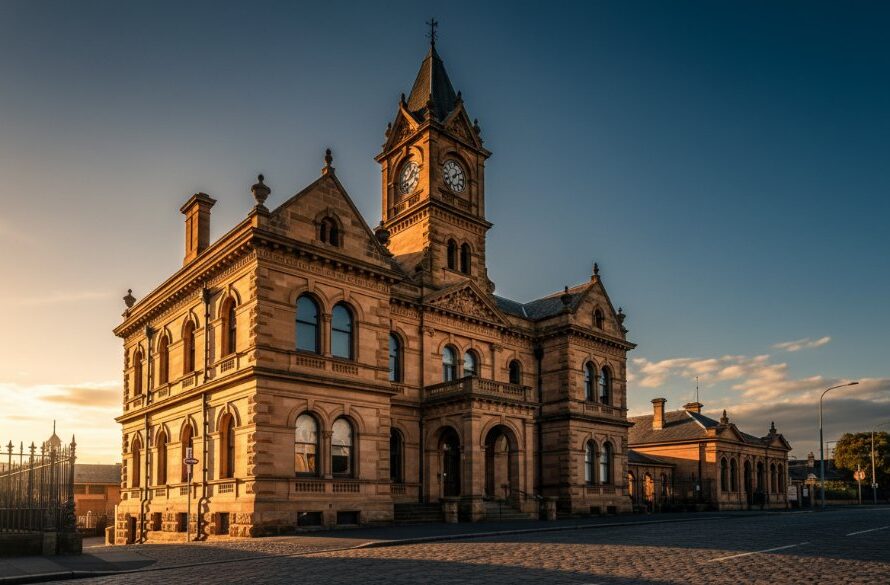 An epic, professionally colour-graded photograph showcasing Heathcote's heritage architecture photography, with dramatic morning light illuminating the intricate details of a historic sandstone building, capturing its timeless beauty against a clear blue sky.