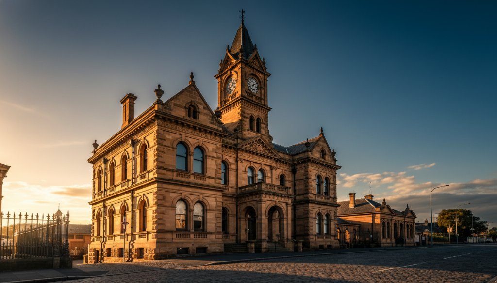 An epic, professionally colour-graded photograph showcasing Heathcote's heritage architecture photography, with dramatic morning light illuminating the intricate details of a historic sandstone building, capturing its timeless beauty against a clear blue sky.