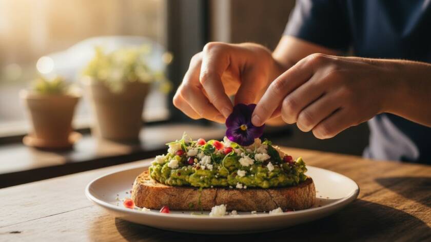 Dramatic close-up of a beautifully plated gourmet dish, possibly a vibrant brunch item, captured with artistic lighting on a rustic wooden table in a sunlit Heatherdale cafe, showcasing expert Heatherdale cafe menu photography Victoria.
