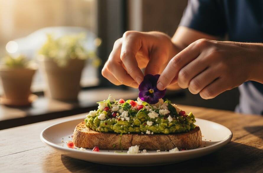 Dramatic close-up of a beautifully plated gourmet dish, possibly a vibrant brunch item, captured with artistic lighting on a rustic wooden table in a sunlit Heatherdale cafe, showcasing expert Heatherdale cafe menu photography Victoria.