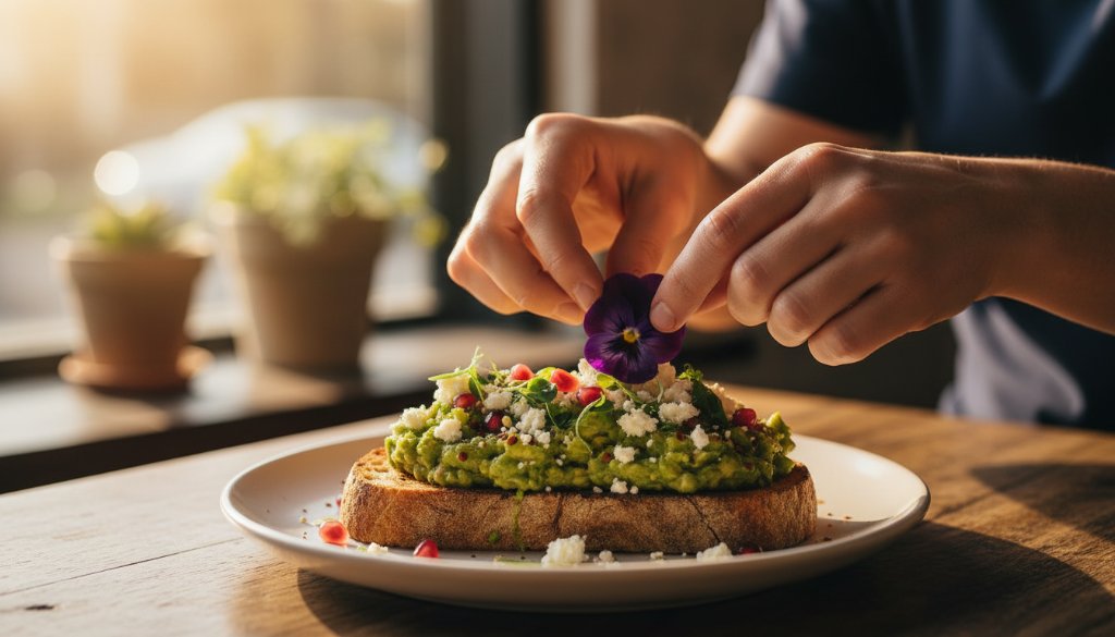 Dramatic close-up of a beautifully plated gourmet dish, possibly a vibrant brunch item, captured with artistic lighting on a rustic wooden table in a sunlit Heatherdale cafe, showcasing expert Heatherdale cafe menu photography Victoria.