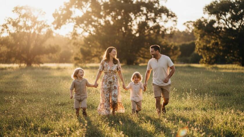 Heatherdale candid photography genuine family portraits captured as a family of four laughs joyfully in the golden afternoon light near Kalang Park, showcasing authentic connection and genuine emotion.