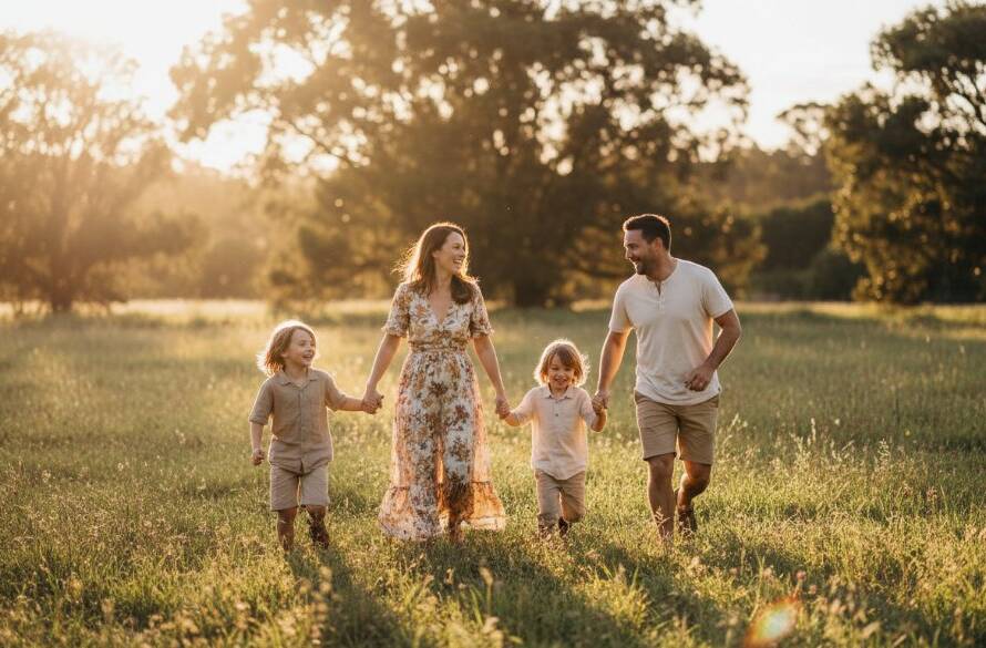 Heatherdale candid photography genuine family portraits captured as a family of four laughs joyfully in the golden afternoon light near Kalang Park, showcasing authentic connection and genuine emotion.