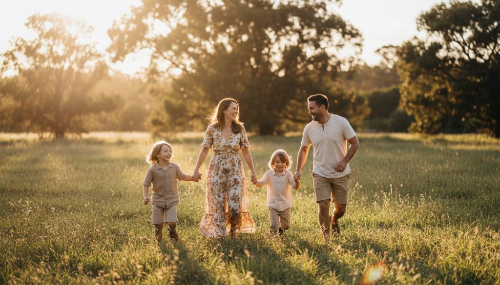 Heatherdale candid photography genuine family portraits captured as a family of four laughs joyfully in the golden afternoon light near Kalang Park, showcasing authentic connection and genuine emotion.