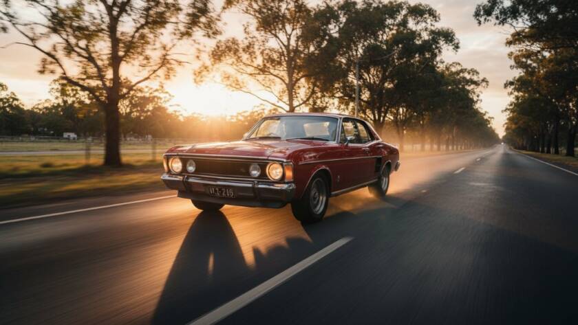 A dramatic, cinematic photograph showcasing a vintage muscle car in Heatherdale, bathed in golden hour light, with the driver's silhouette highlighting the authentic driving passion, expertly captured through Heatherdale car photography.
