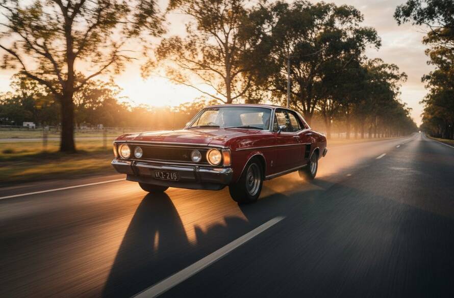 A dramatic, cinematic photograph showcasing a vintage muscle car in Heatherdale, bathed in golden hour light, with the driver's silhouette highlighting the authentic driving passion, expertly captured through Heatherdale car photography.