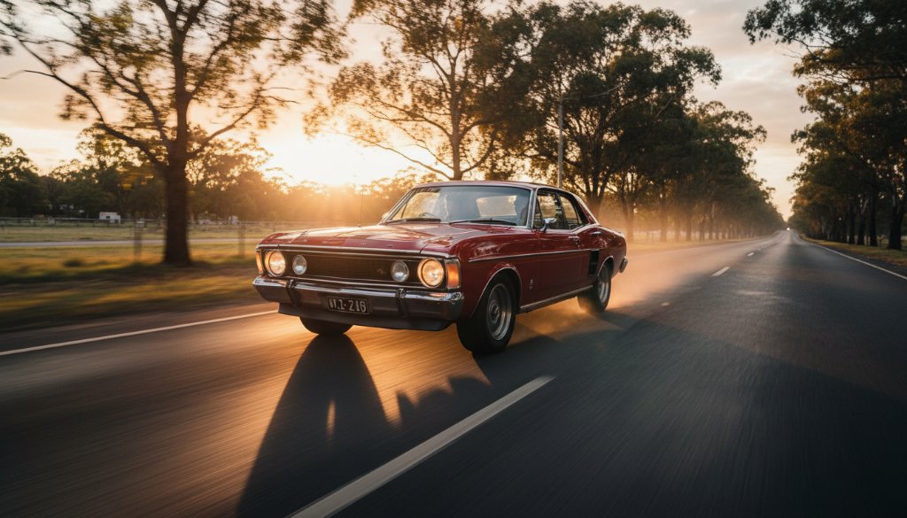 A dramatic, cinematic photograph showcasing a vintage muscle car in Heatherdale, bathed in golden hour light, with the driver's silhouette highlighting the authentic driving passion, expertly captured through Heatherdale car photography.