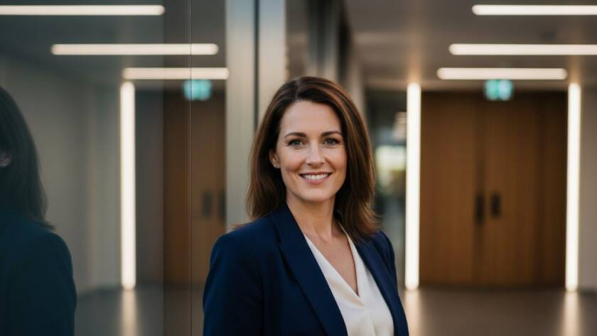 Dramatic, cinematic professional headshot of a confident female business owner smiling warmly, taken outdoors in Heatherdale with soft, golden hour lighting highlighting her features against a slightly blurred, modern office park backdrop, epitomizing the quality of Heatherdale Corporate Headshots for Local Business Owners.