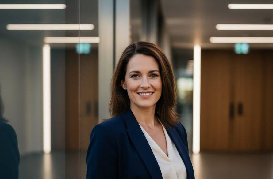 Dramatic, cinematic professional headshot of a confident female business owner smiling warmly, taken outdoors in Heatherdale with soft, golden hour lighting highlighting her features against a slightly blurred, modern office park backdrop, epitomizing the quality of Heatherdale Corporate Headshots for Local Business Owners.