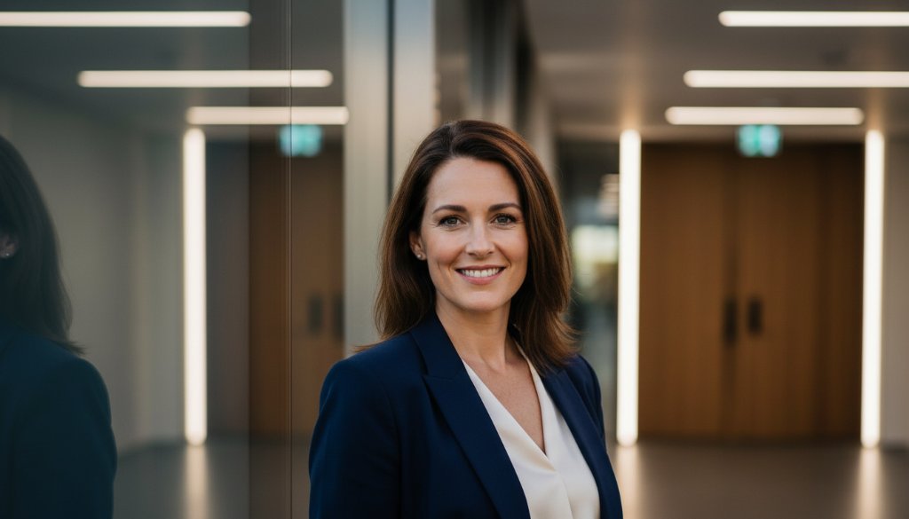 Dramatic, cinematic professional headshot of a confident female business owner smiling warmly, taken outdoors in Heatherdale with soft, golden hour lighting highlighting her features against a slightly blurred, modern office park backdrop, epitomizing the quality of Heatherdale Corporate Headshots for Local Business Owners.